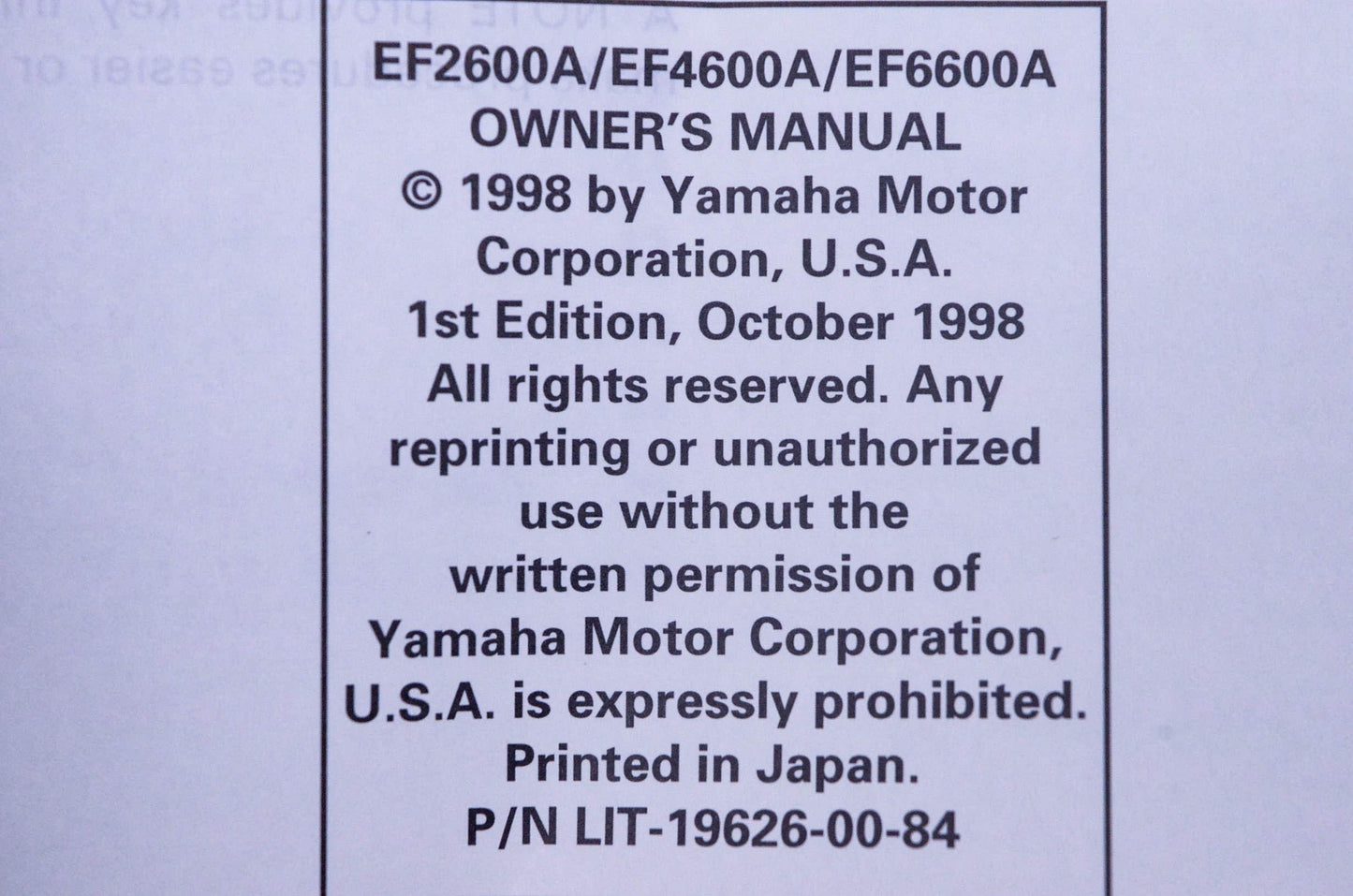 New OEM Yamaha LIT-19626-00-84 EF2600A/4600A/6600A Generator Owner's Manual Kit NOS