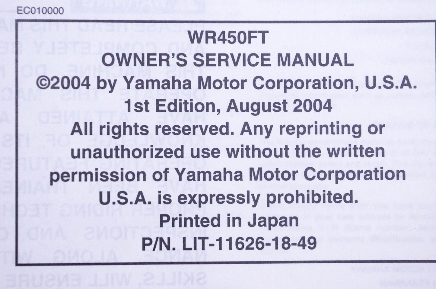 New OEM Yamaha LIT-11626-18-49 WR450FT Owner's Service Manual NOS