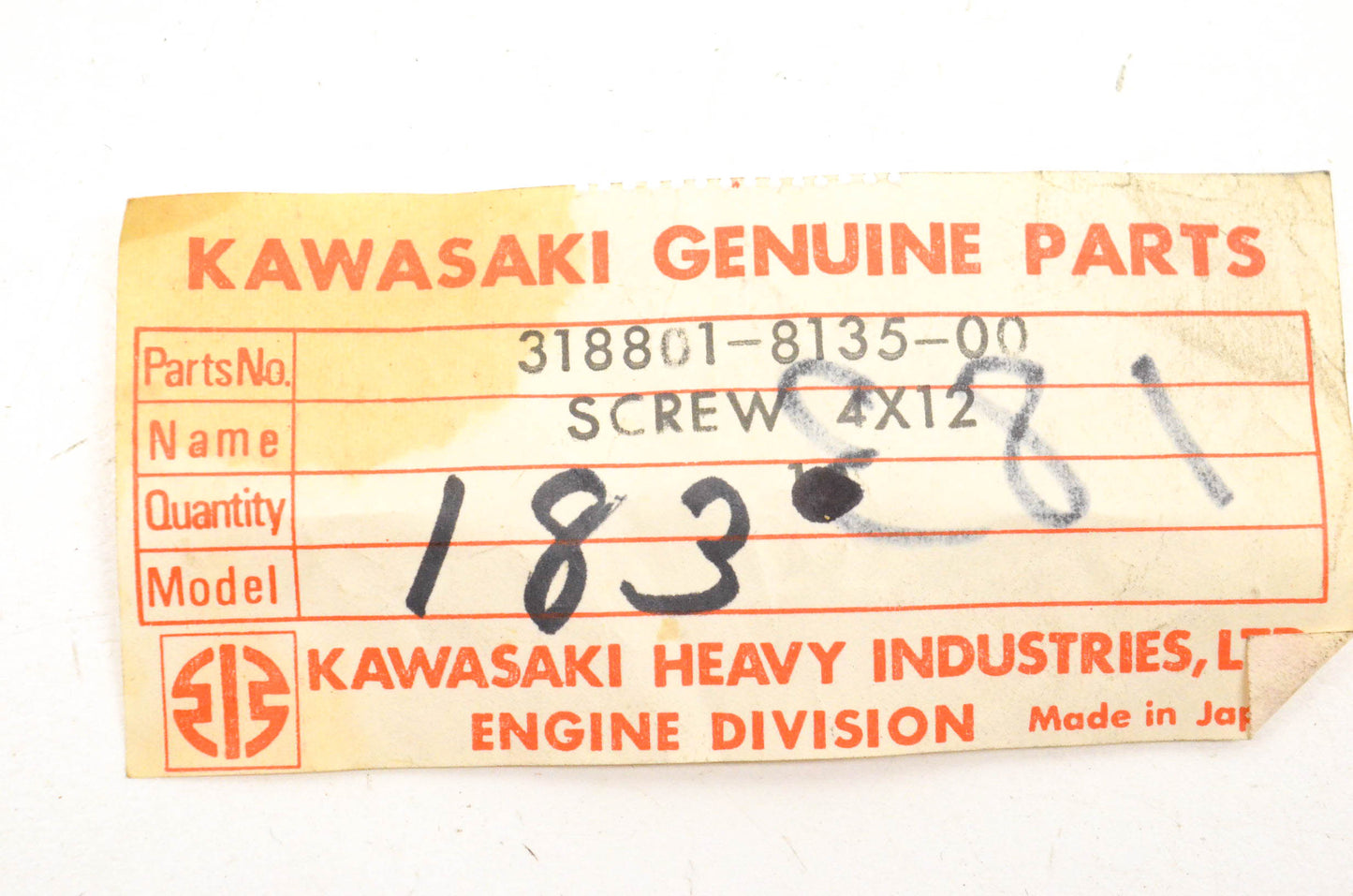 New OEM Kawasaki 318801-8135-00, 3000-183 Screws 4x12 Qty 2 NOS