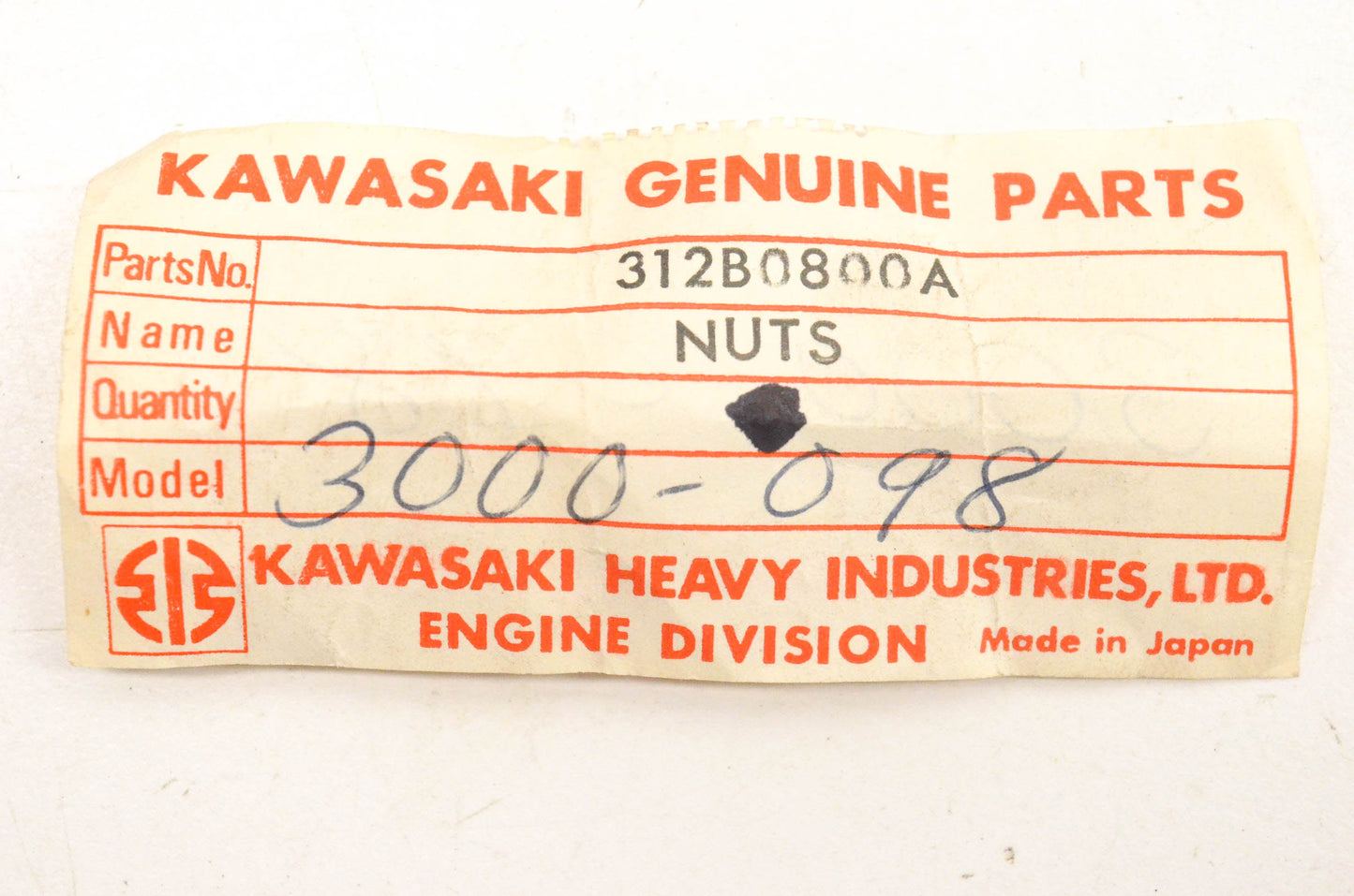 New OEM Kawasaki 312B0800A Nut Qty 2 NOS
