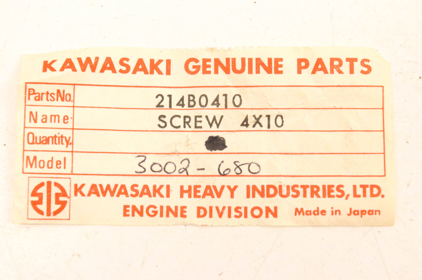 New OEM Kawasaki 214B0410, 3002-680 Screws 4x10 Qty 2 NOS