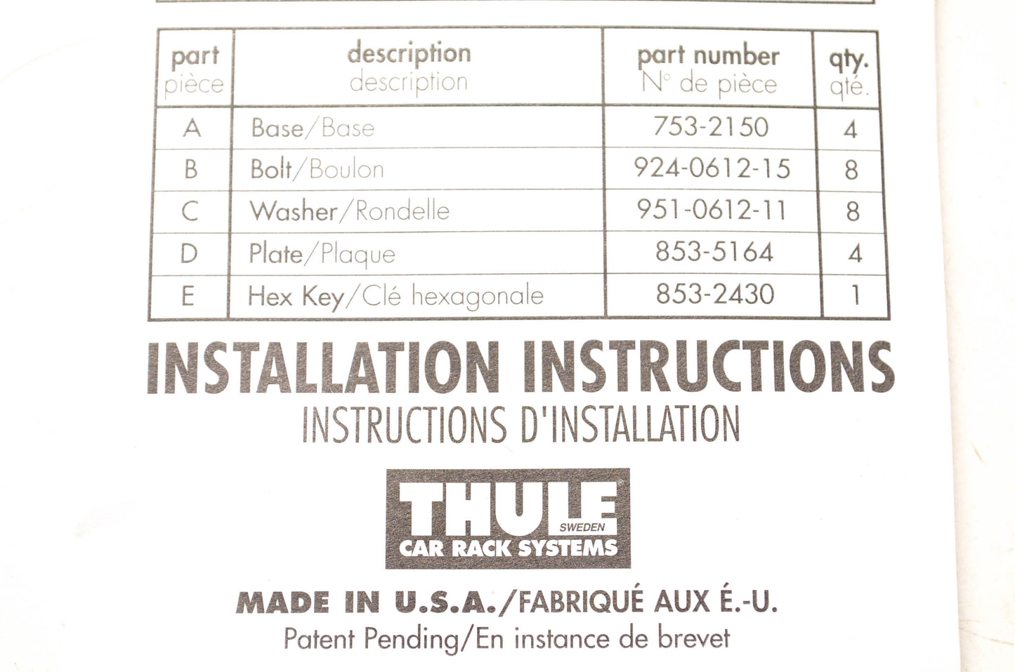 Thule 516-5207, tk2 Tracker II Kit NOS
