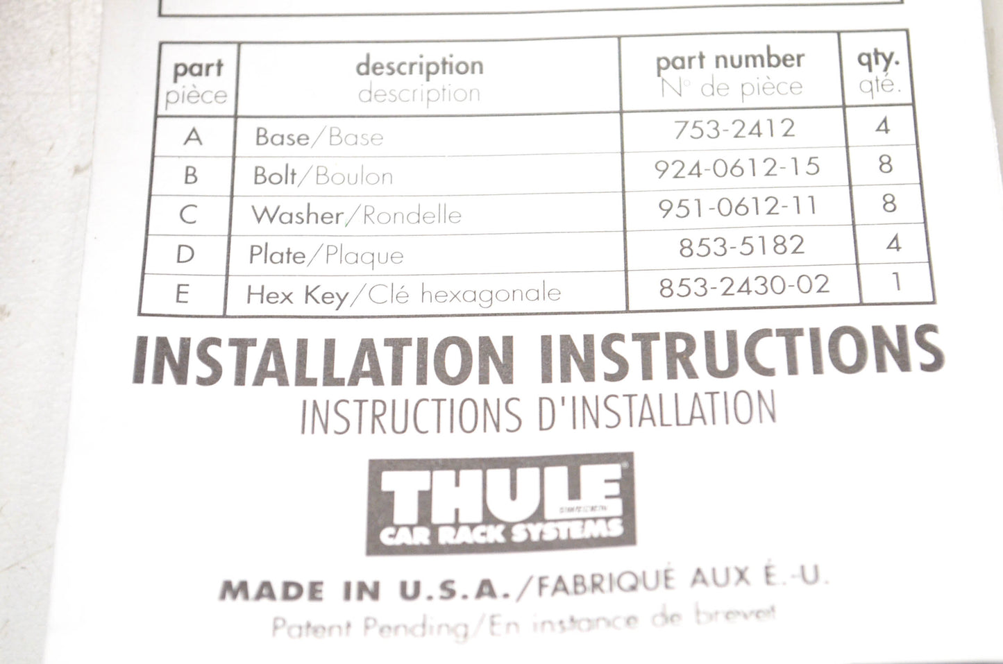 Thule 516-5219, tk5 Tracker II Kit NOS