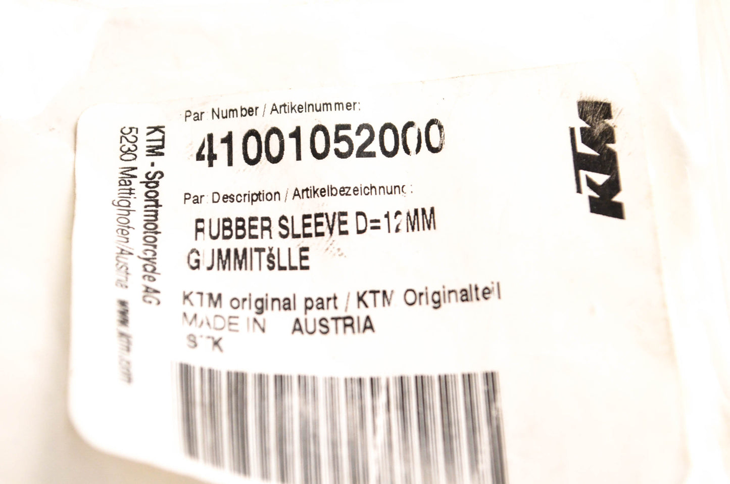 New OEM KTM 41001052000 Rubber Sleeve NOS
