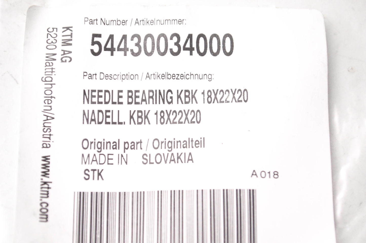 New OEM KTM 54430034000 Needle Bearing 18X22X20 NOS