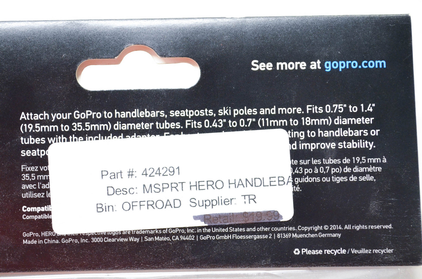 GoPro 424291, GRH30 Hanndlebar Pole Mount NOS