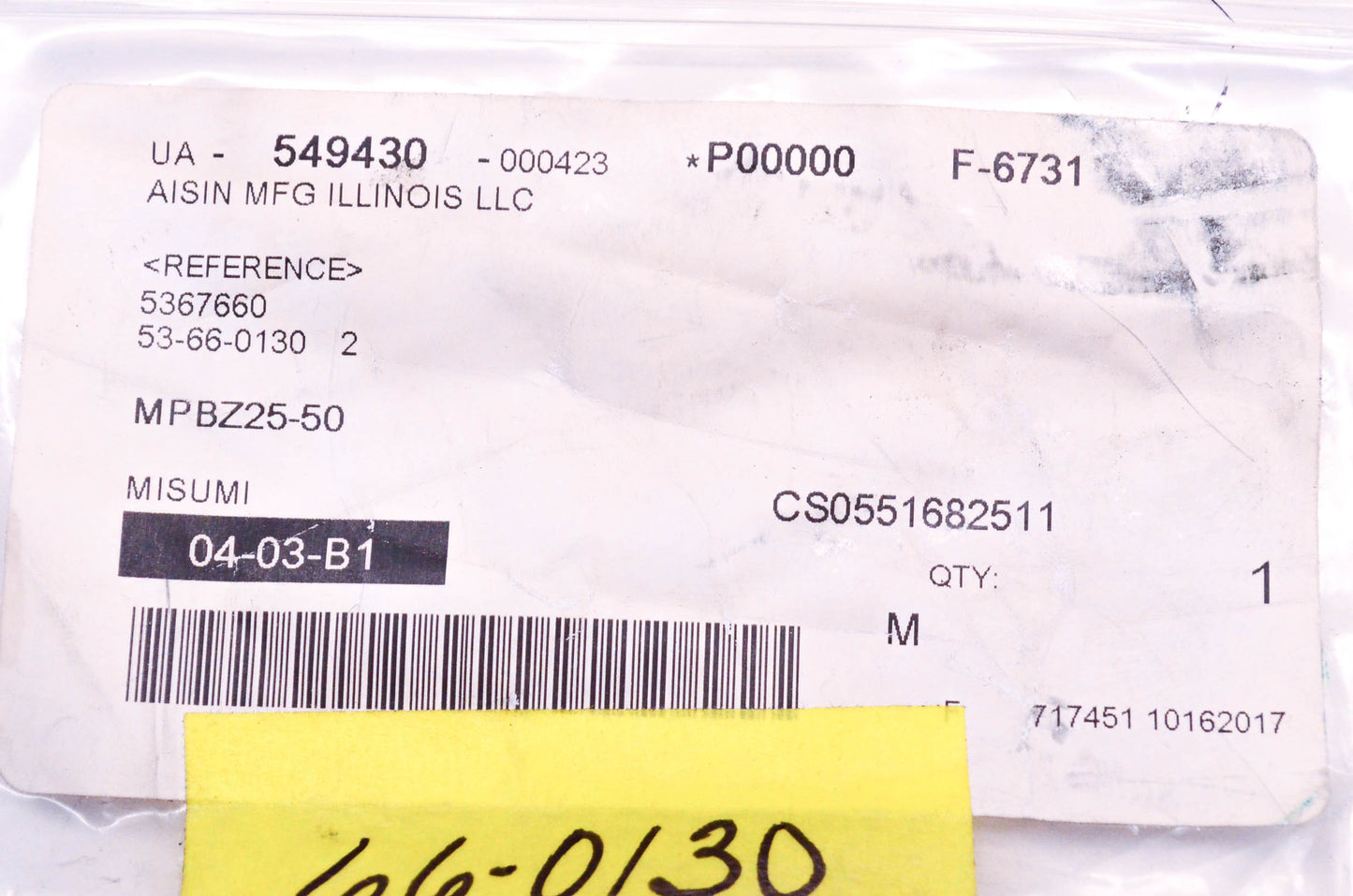 Misumi MPBZ25-50 Oil Free Bushing NOS