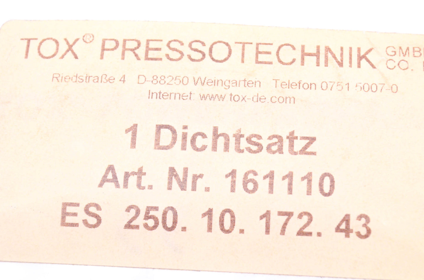 Tox Pressotechnik 161110, ES 250. 10. 172. 43 Seal Kit NOS