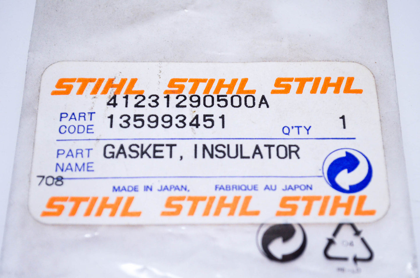 New OEM Stihl 4123-129-0500, 41231290500A Insulator Gasket NOS