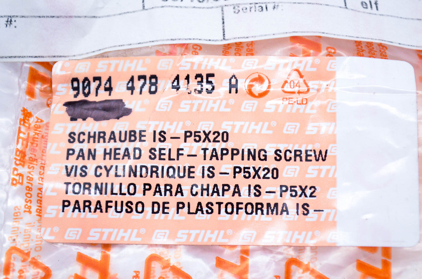 New OEM Stihl 9074-478-4135, 9074-478-4135-A, RIBE Pan Head Self Tapping Screw NOS