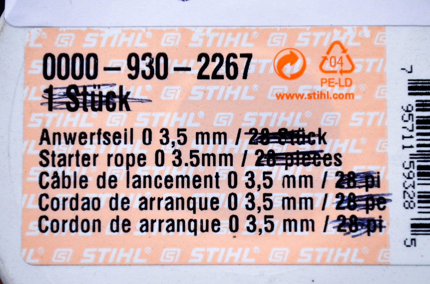OEM Stihl 0000-930-2267 Starter Rope 3.5mm Partial Roll