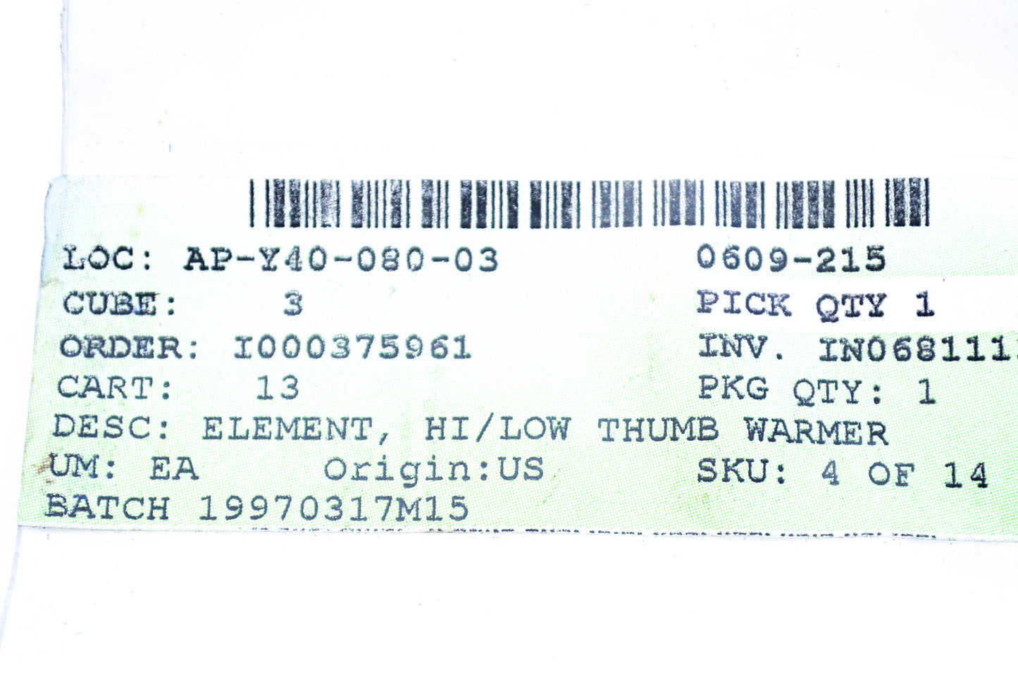 New OEM Arctic Cat 0609-215 Hi/Low Thumb Warmer Element NOS
