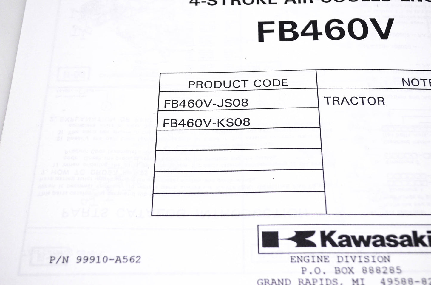 New OEM Kawasaki 99910-A562 FB460V Parts Catalog NOS