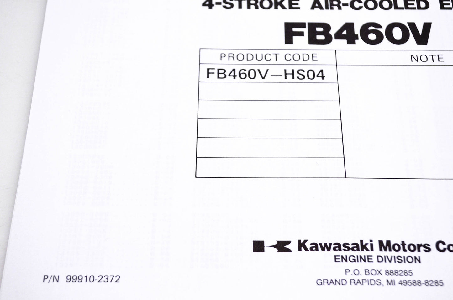 New OEM Kawasaki 99910-2372 FB460V Parts Catalog NOS