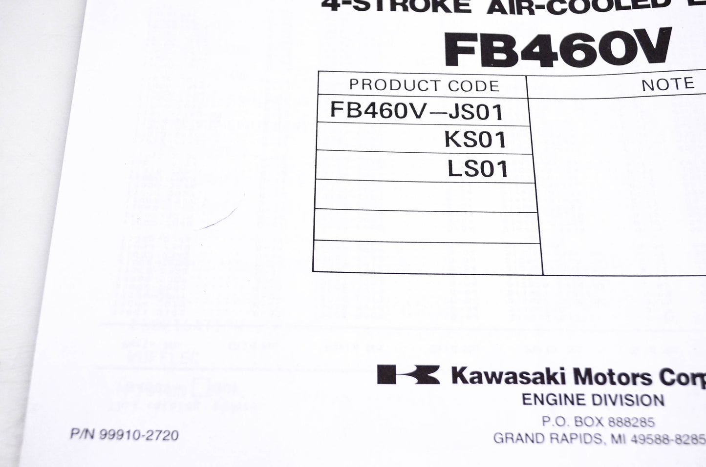 New OEM Kawasaki 99910-2720 FB460V Parts Catalog NOS