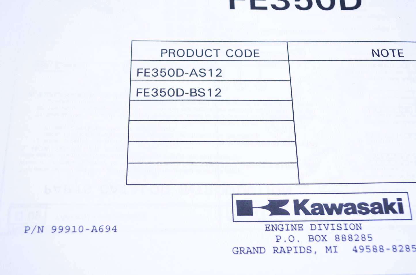 New OEM Kawasaki 99910-A694 Parts Catalog FE350D NOS