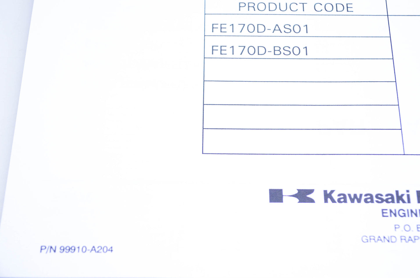 New OEM Kawasaki 99910-A204 Parts Catalog FE170D NOS