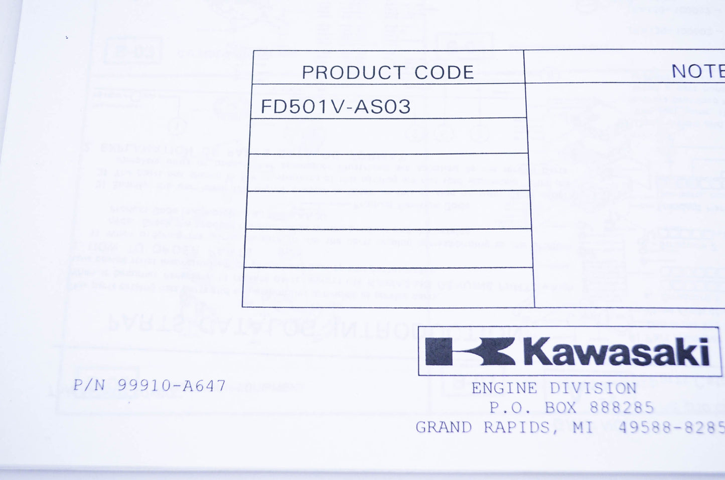 New OEM Kawasaki 99910-A647 Parts Catalog FD501V NOS