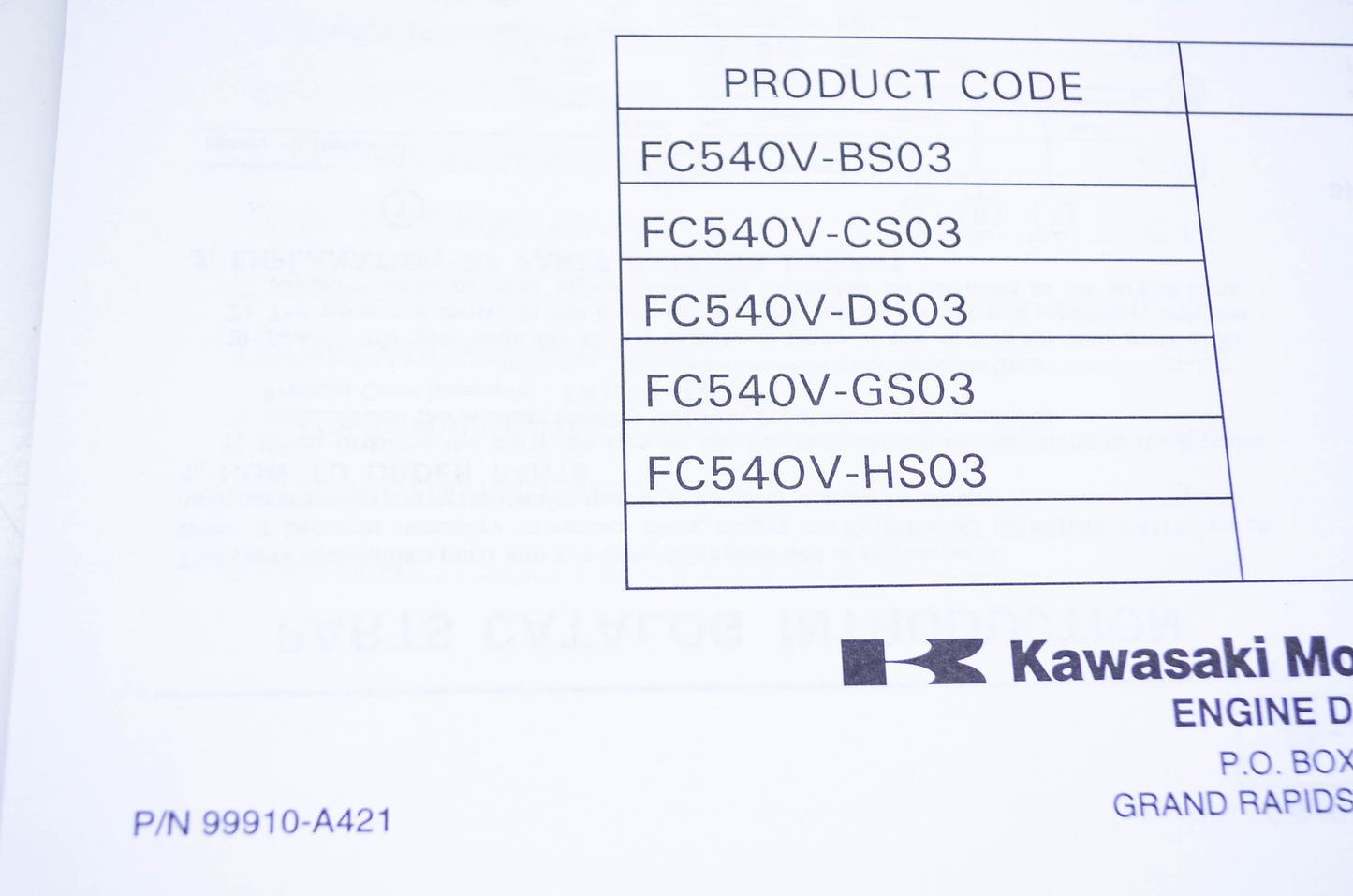 New OEM Kawasaki 99910-A421 Parts Catalog FC540V NOS
