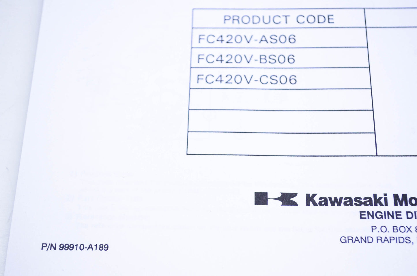 New OEM Kawasaki 99910-A189 Parts Catalog FC420V NOS