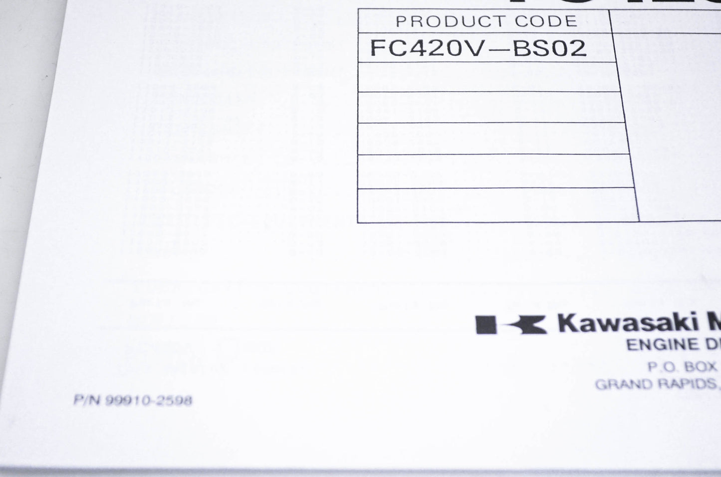 New OEM Kawasaki 99910-2598 Parts Catalog FC420V NOS