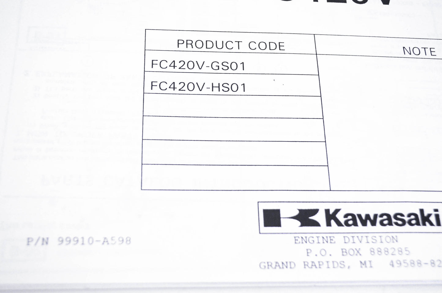 New OEM Kawasaki 99910-A598 Parts Catalog FC420V NOS