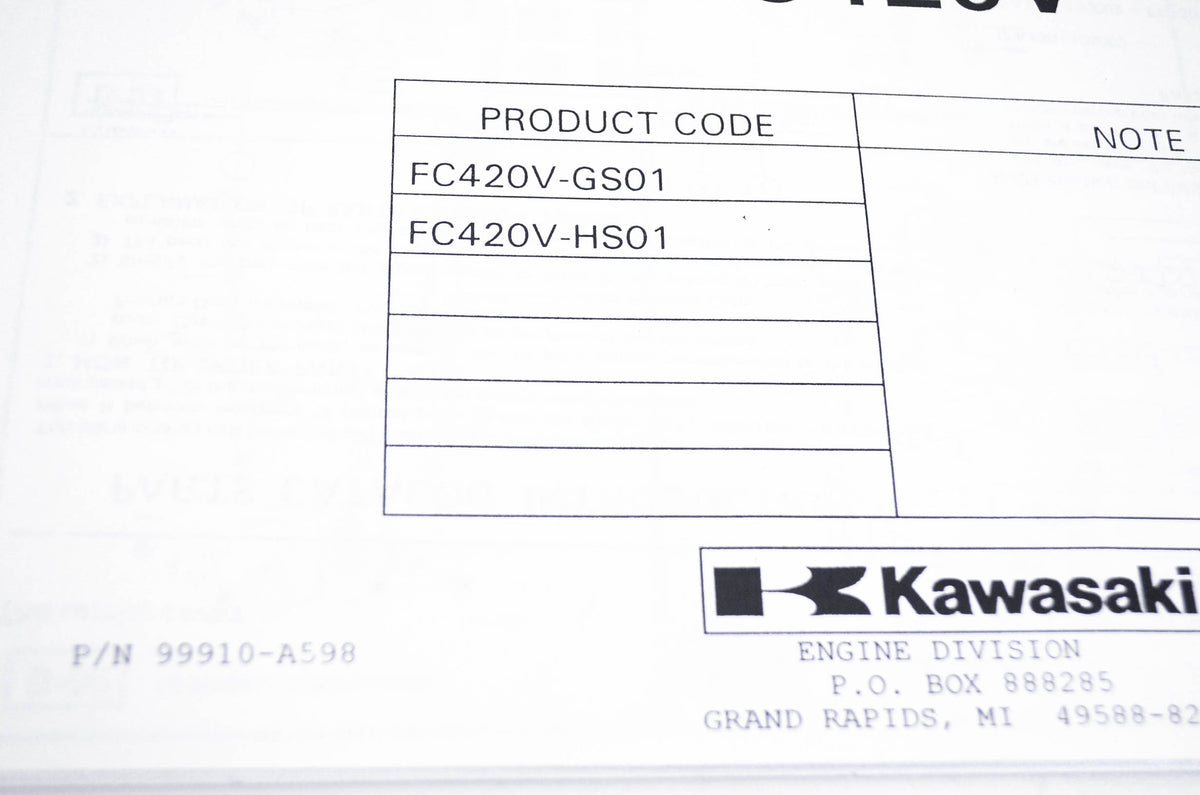 New OEM Kawasaki 99910-A598 Parts Catalog FC420V NOS
