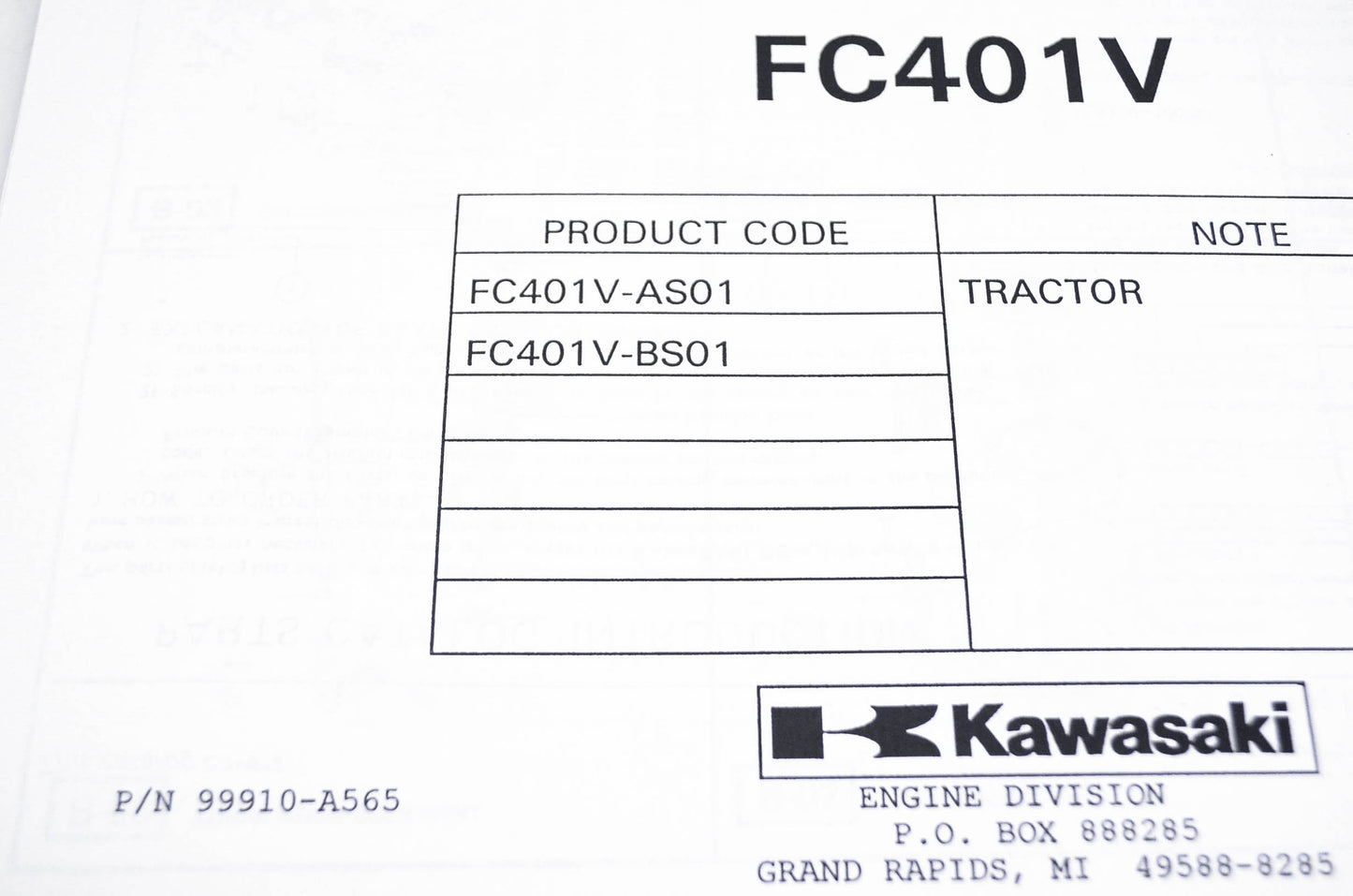 New OEM Kawasaki 99910-A565 Parts Catalog FC401V NOS