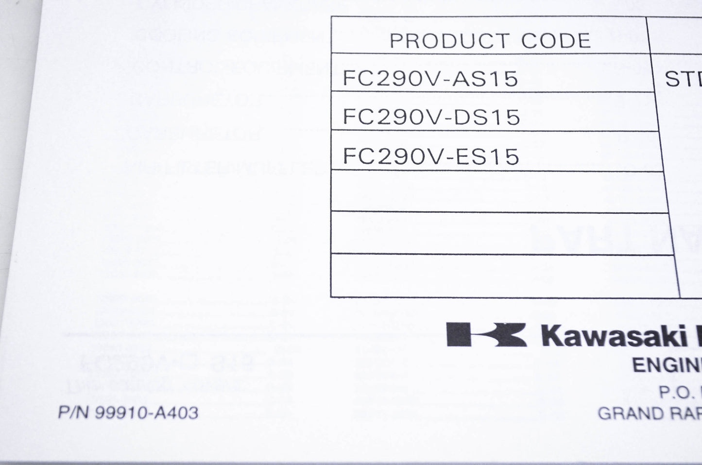 New OEM Kawasaki 99910-A403 Parts Catalog FC290V NOS