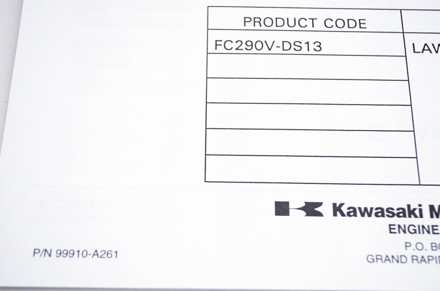New OEM Kawasaki 99910-A261 Parts Catalog FC290V NOS