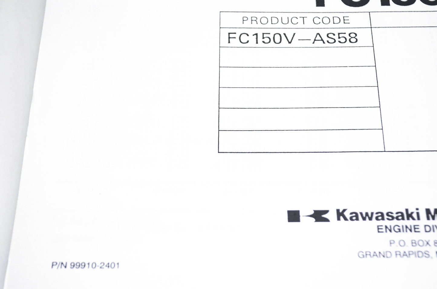 New OEM Kawasaki 99910-2401 Parts Catalog FC150V NOS