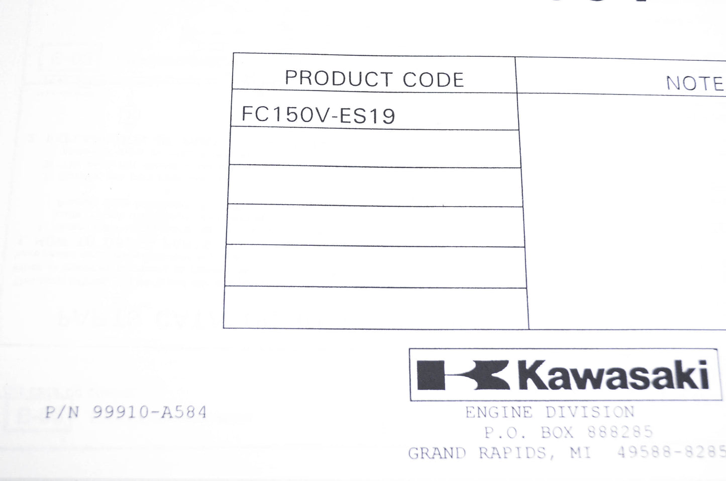 New OEM Kawasaki 99910-A584 Parts Catalog FC150V NOS