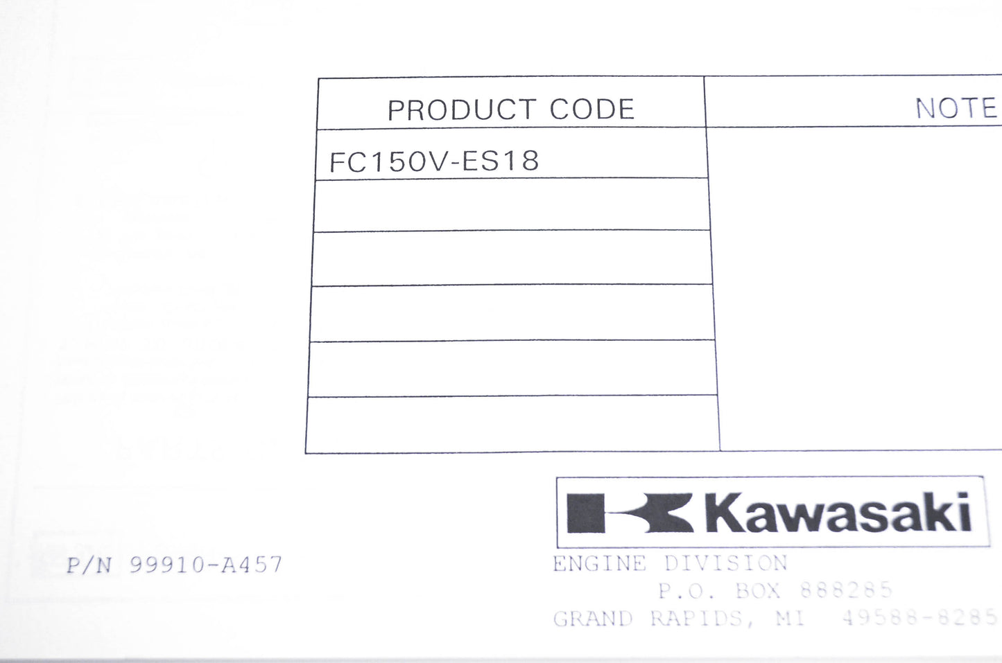 New OEM Kawasaki 99910-A457 Parts Catalog FC150V NOS