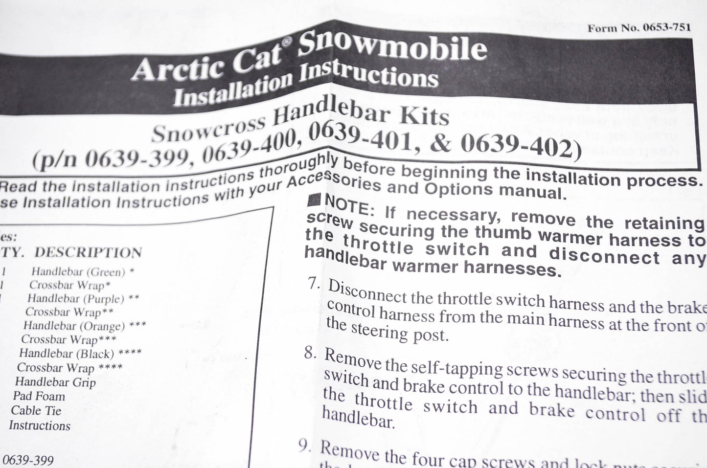 New OEM Arctic Cat 0639-402 Snowcross Handlebar Kit NOS