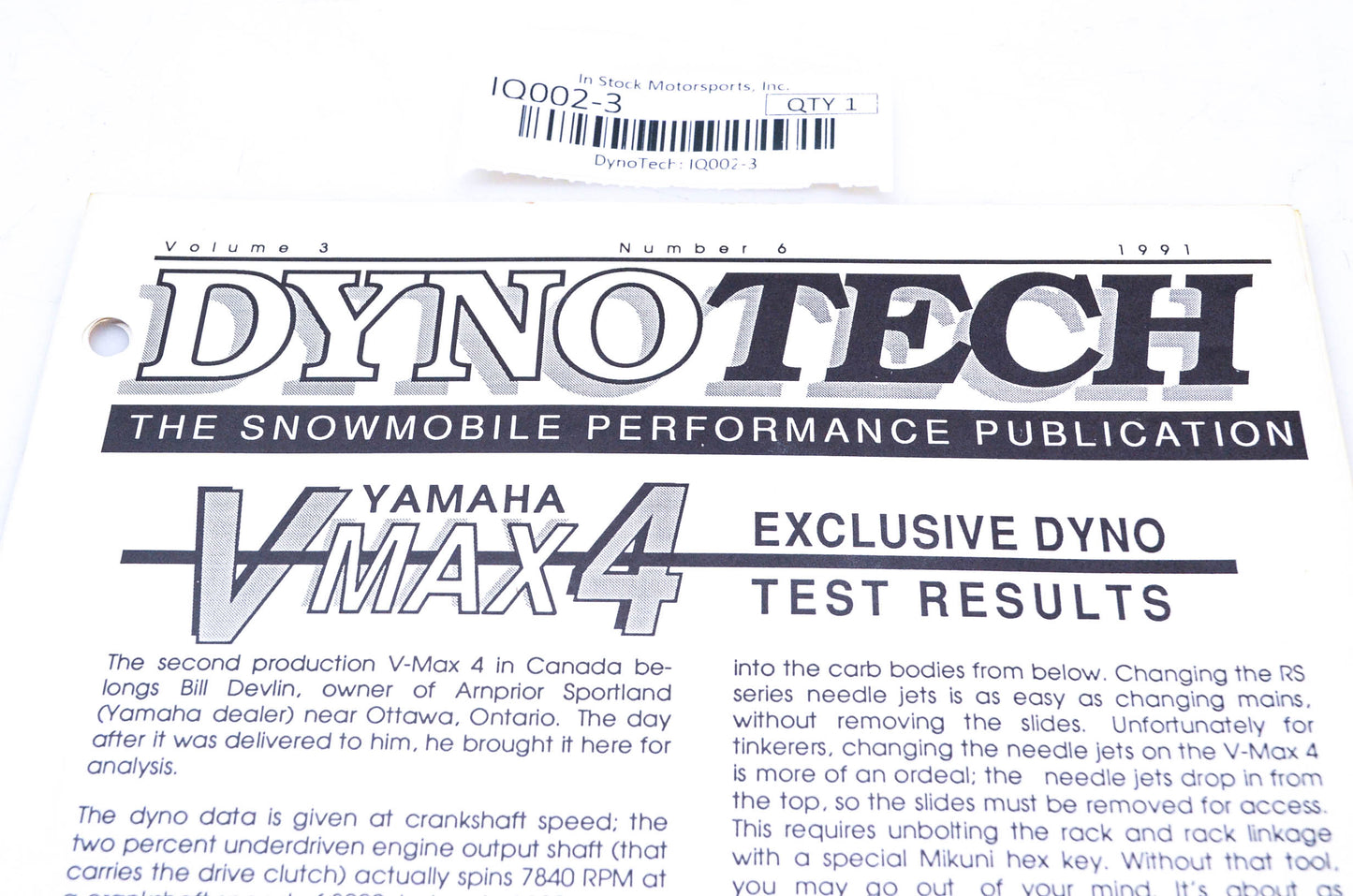 DynoTech 1991 Snowmobile Performance Publication Volume 3 Number 6 NOS
