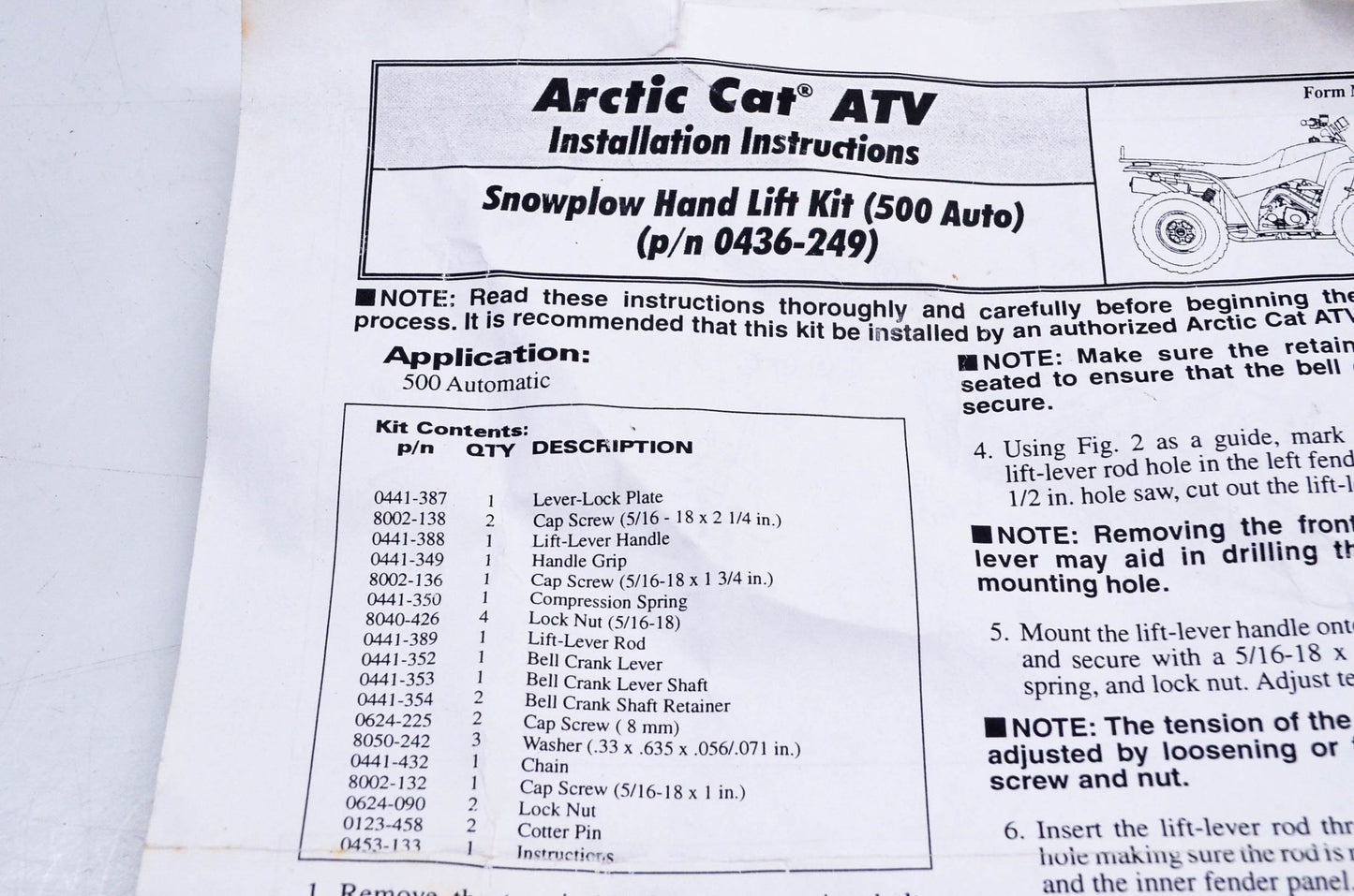 New OEM Arctic Cat 0436-249 Snow Plow Hand Lift Kit NOS