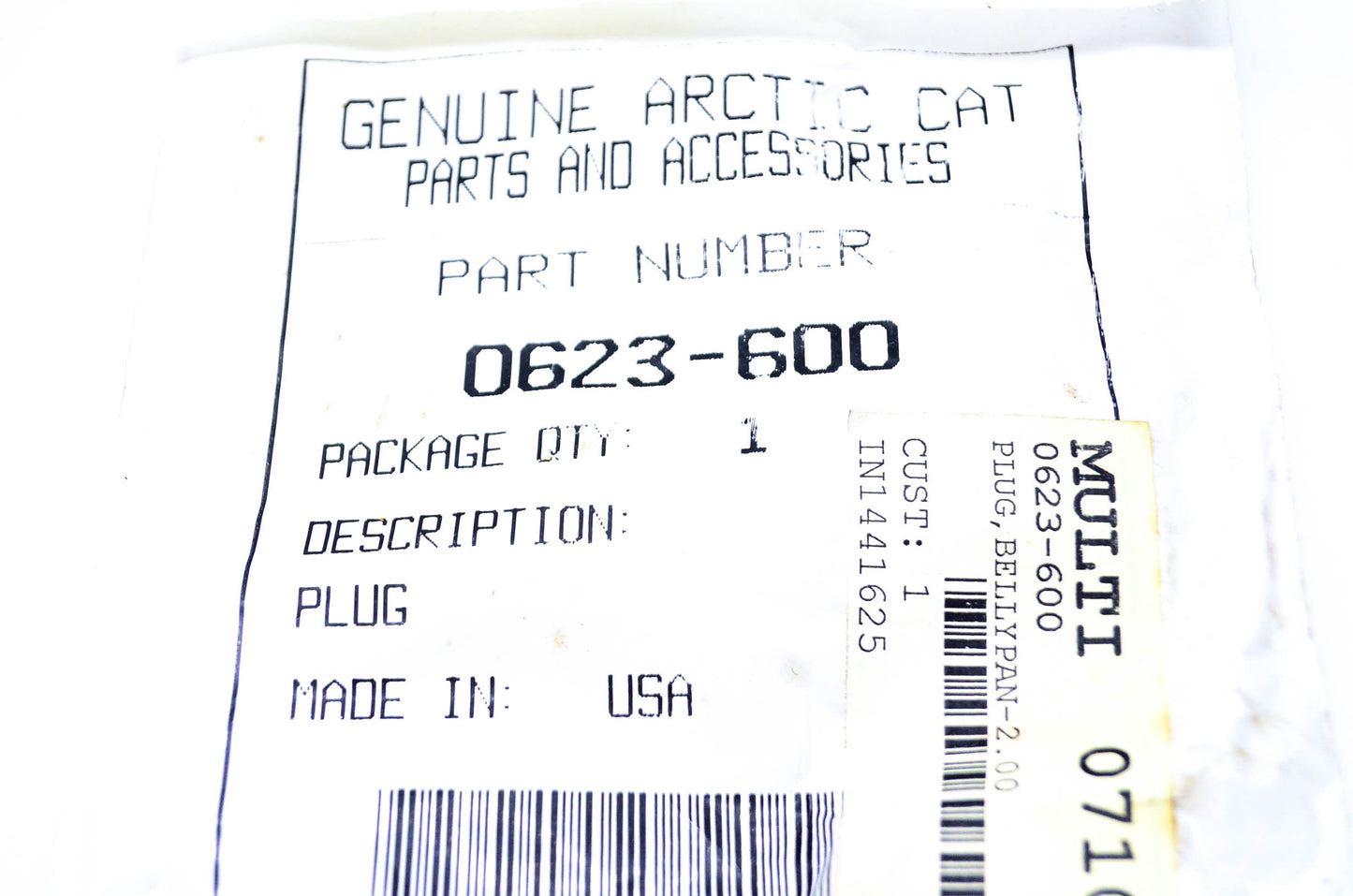 New OEM Arctic Cat 0623-600 Bellypan Plug 2.00 NOS
