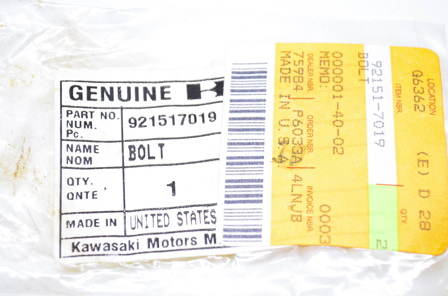 New OEM Kawasaki 92151-7019, 921517019 Bolt NOS