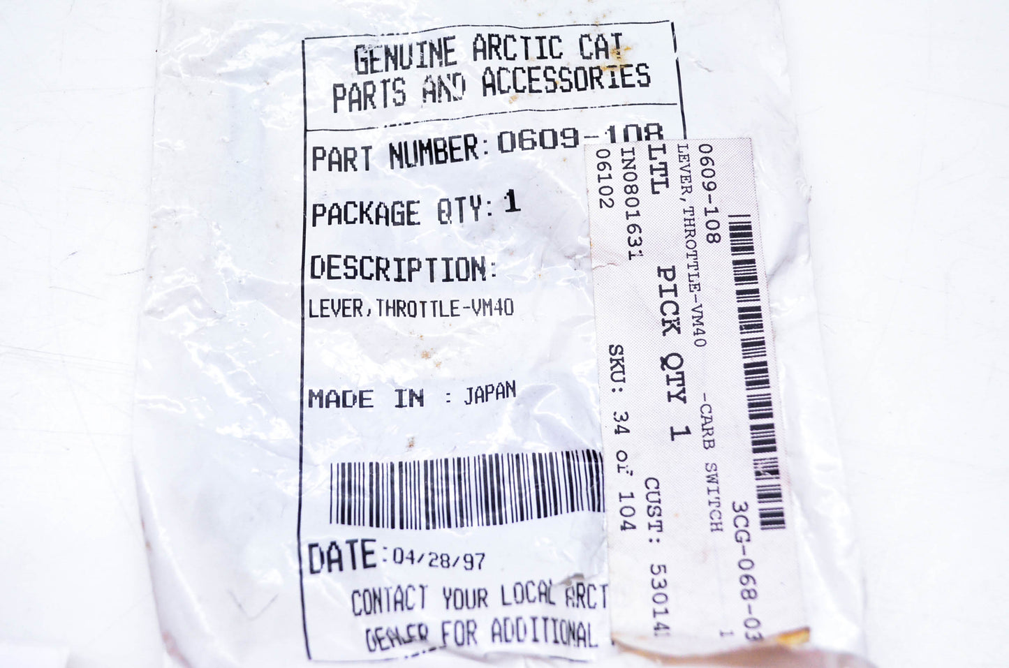New OEM Arctic Cat 0609-108 Throttle Lever VM40 NOS