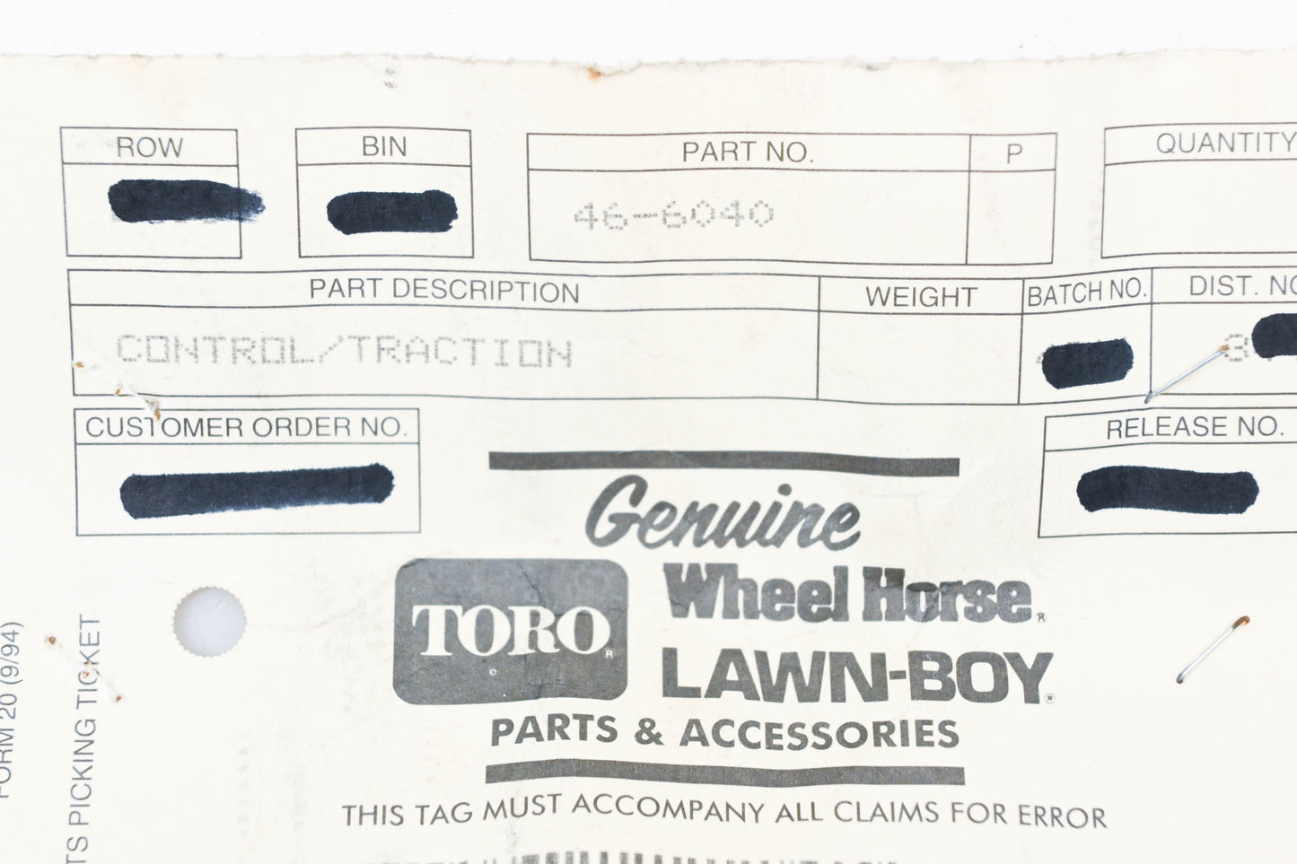 Toro 46-6040 Traction Control Cable NOS