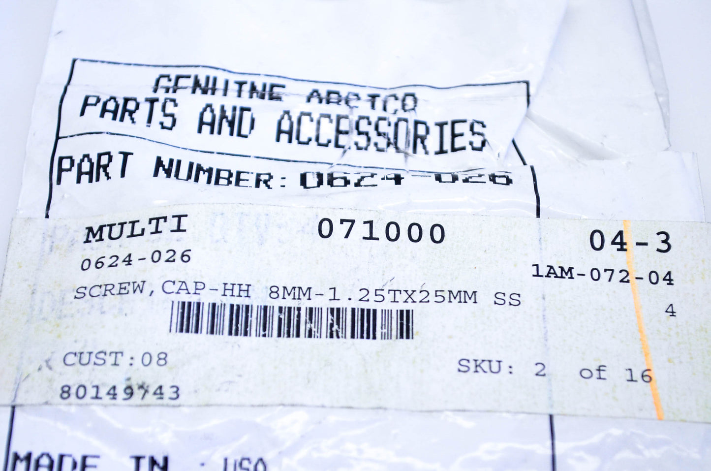 New OEM Arctic Cat 0624-026 Cap Screw HH 8mm 1.25Tx25mm NOS