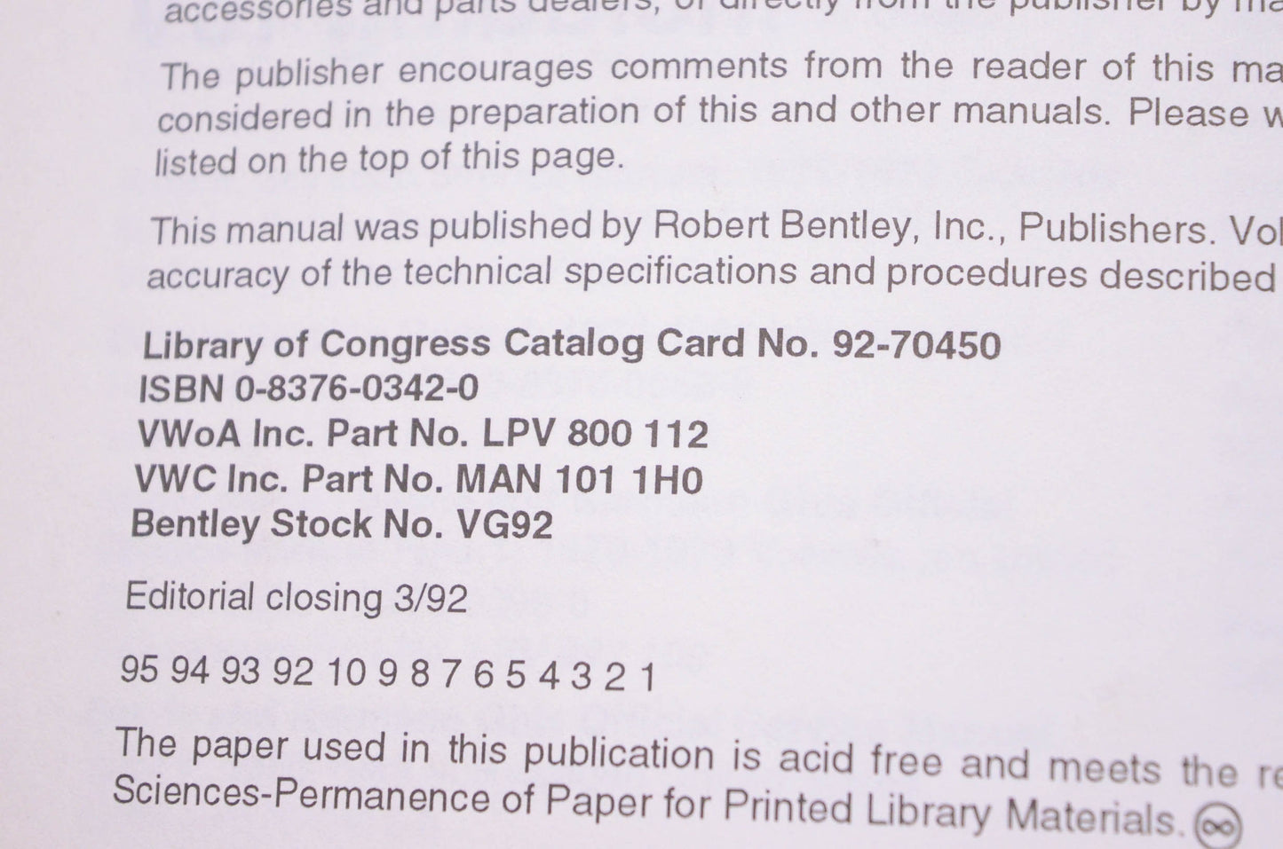 Robert Bentley 0-8376-0342-0, 92-70450 Volkswagen GTI, Golf, Jetta Service Manual 1985 through 1992