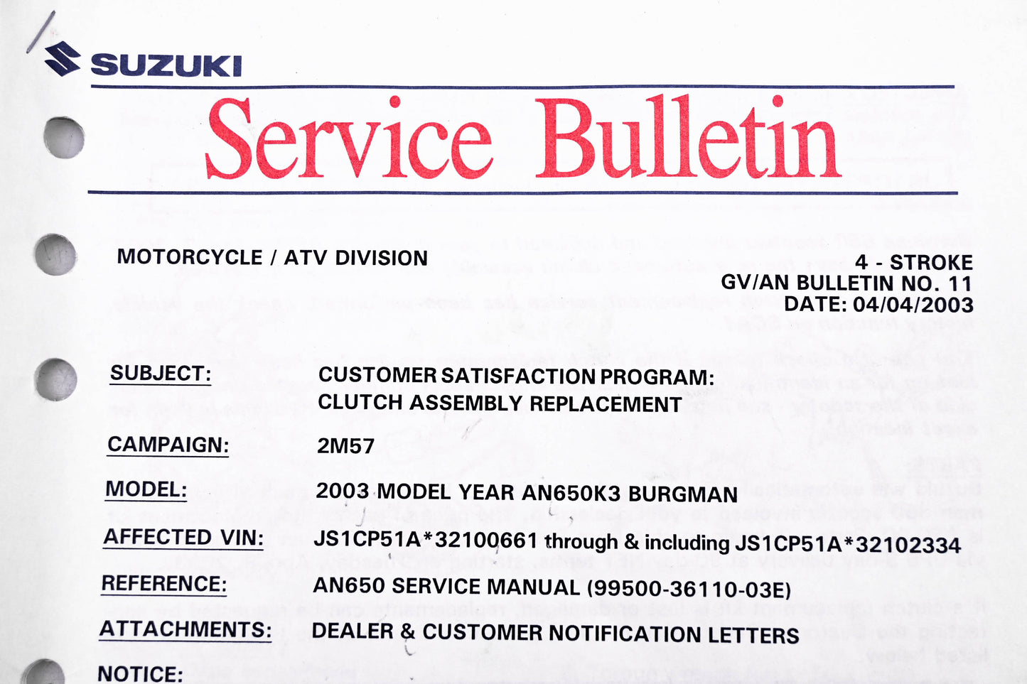 OEM Suzuki 05-39, 11 Service Bulletins AN650