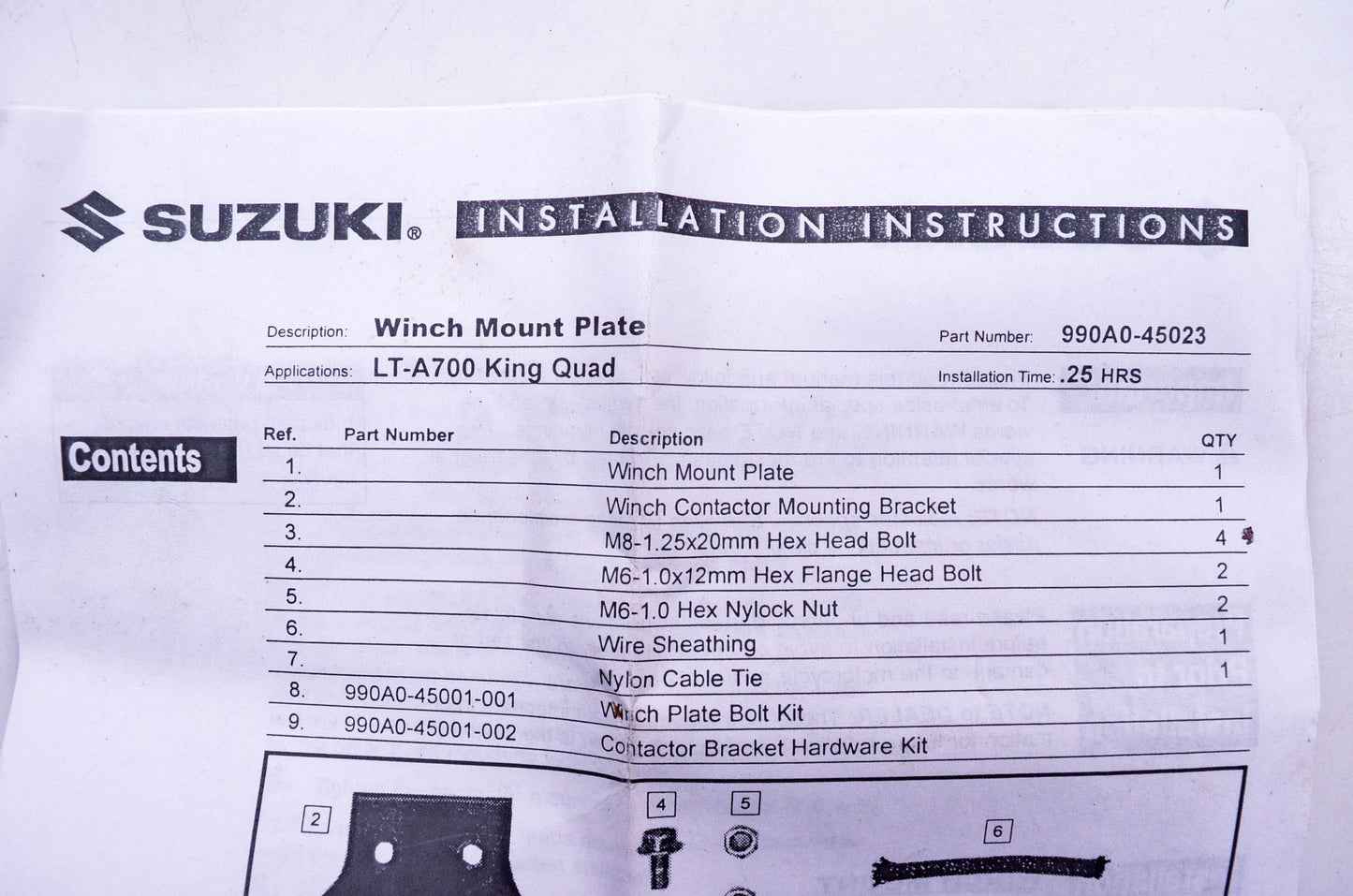 OEM Suzuki 990A0-45023 LT-A700 King Quad Winch Mount Plate Kit
