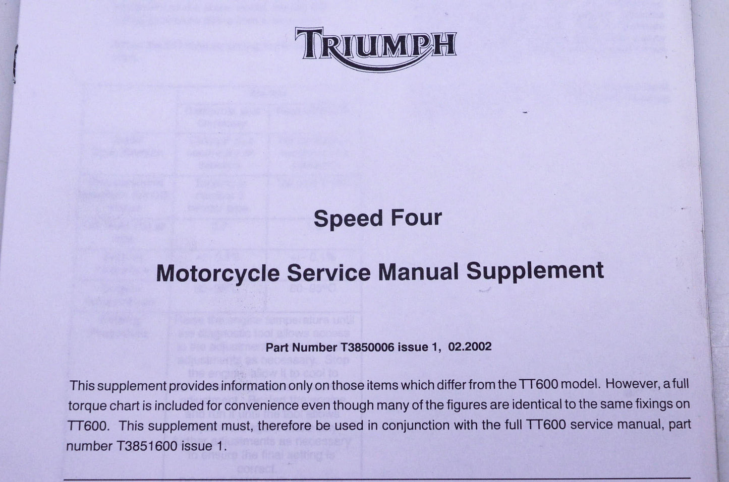 OEM Triumph T3850006 Speed Four Service Manual Supplement