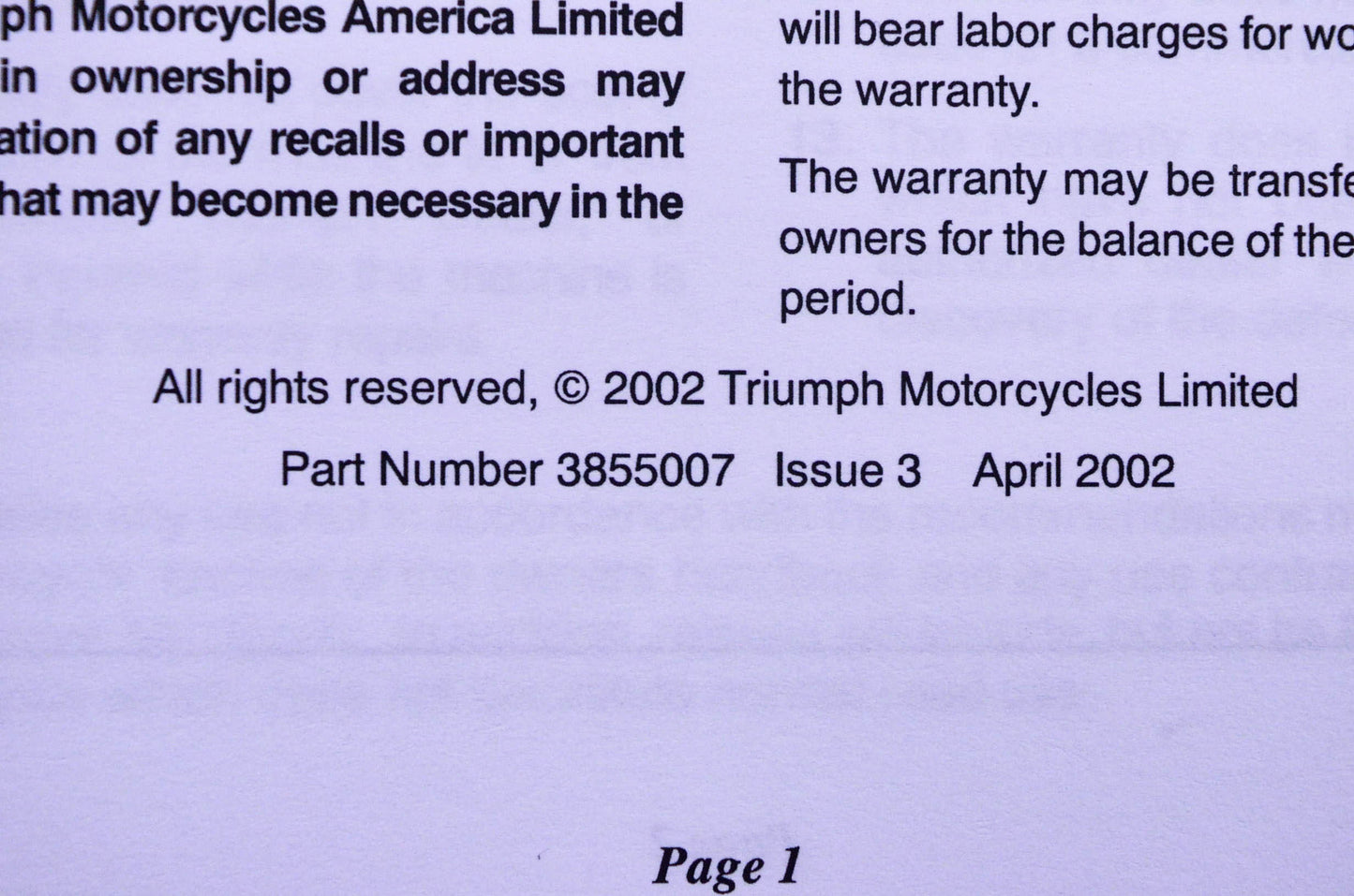 New OEM Triumph 3855007 Motorcycle Warranty & Service Record Manual NOS