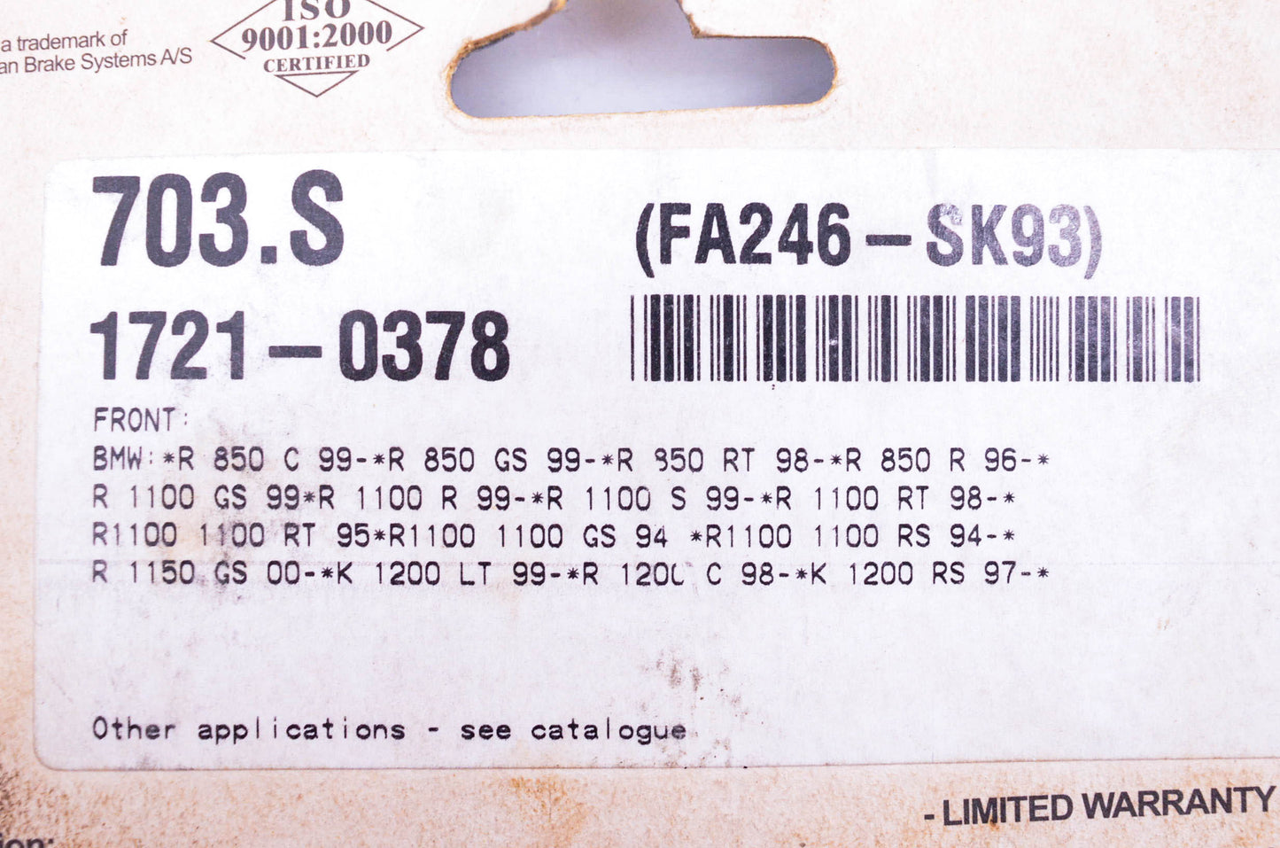 Parts Unlimited 703HF, 1721-0378 SBS, FA246-SK93 Front Brake Pad Kit NOS