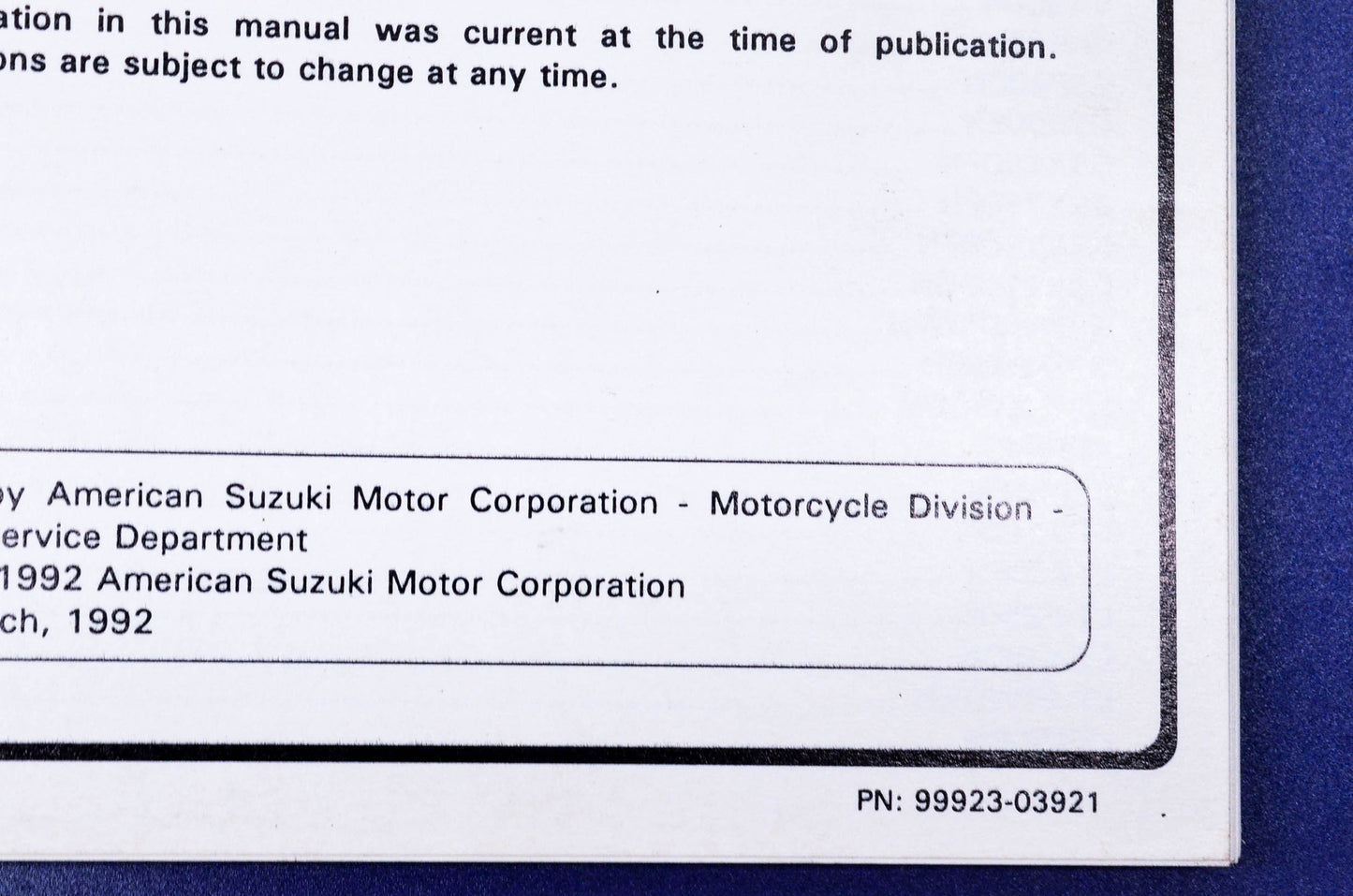 OEM Suzuki 99923-03921 1992 "N" Model Service Manual