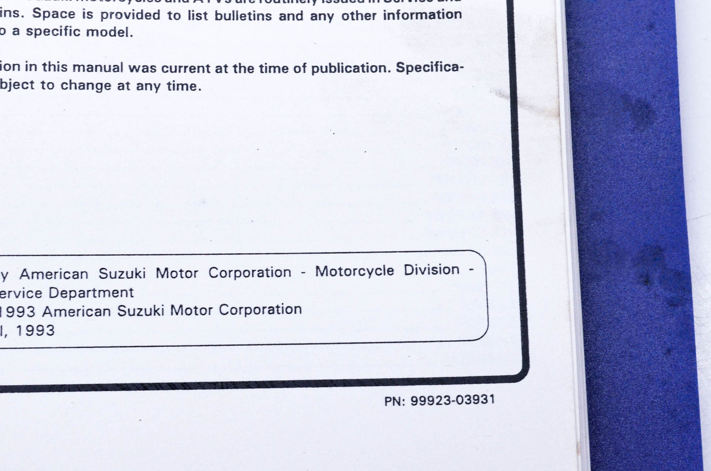 OEM Suzuki 99923-03931 1993 "P" Model Service Manual