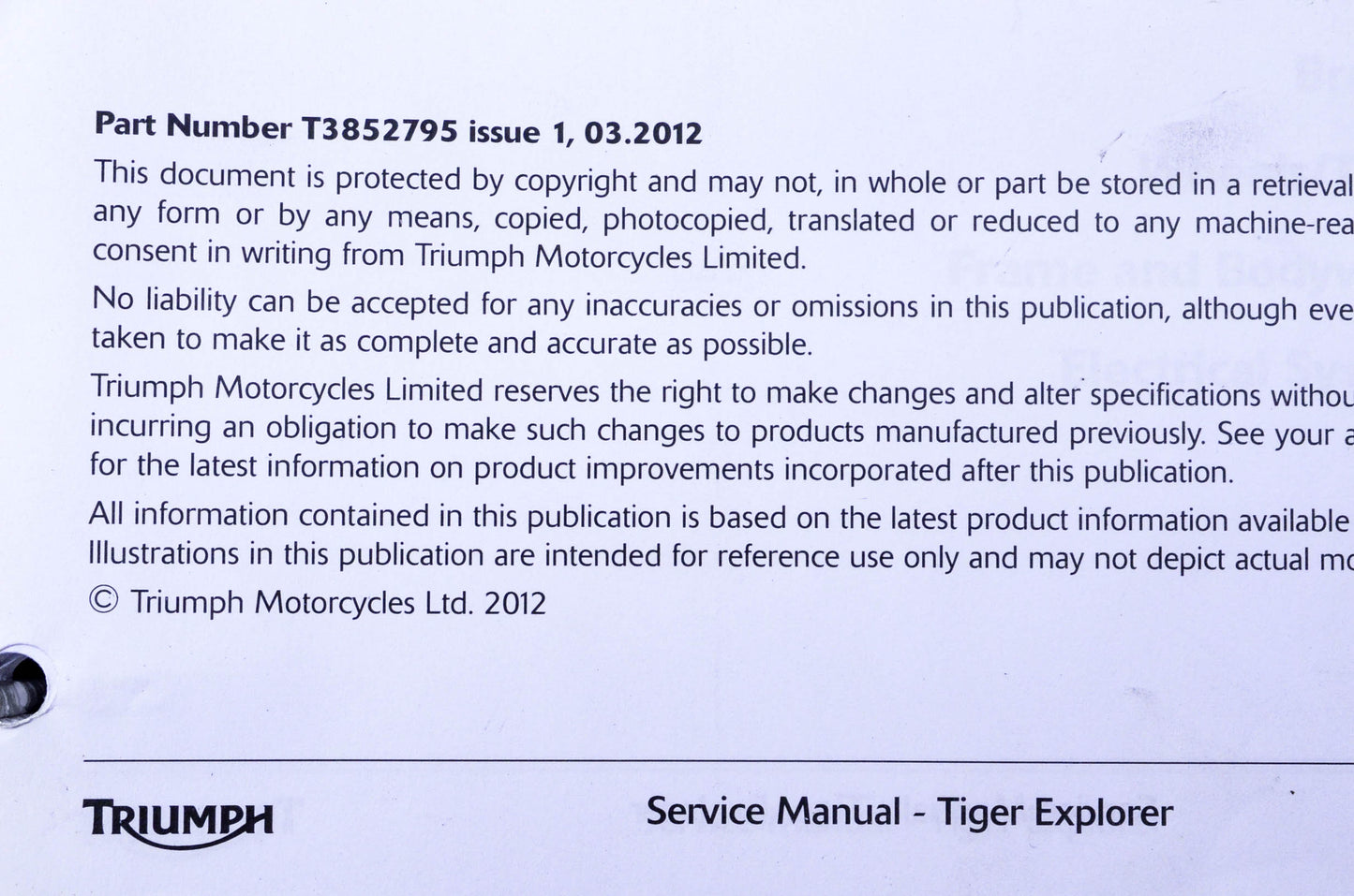 OEM Triumph T3852795 Tiger Explorer Service Manual